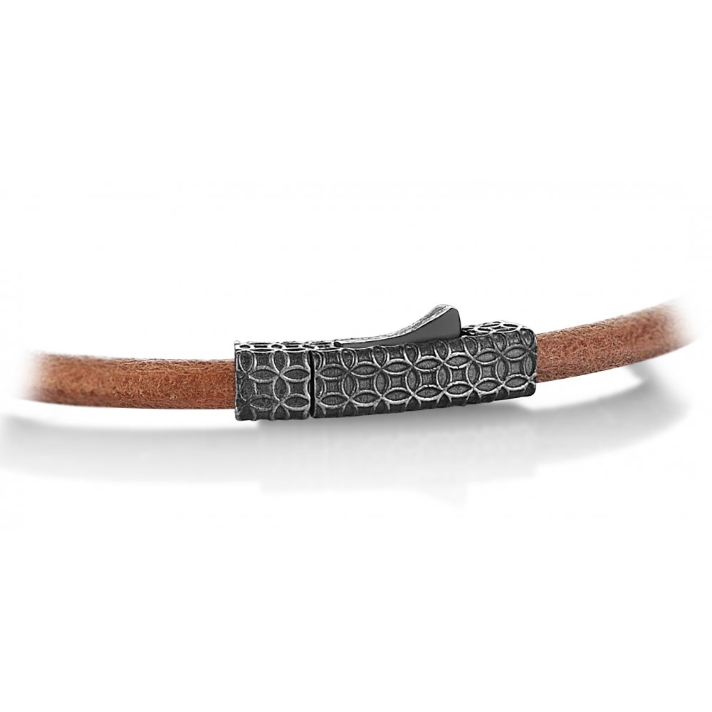 Camel Natural Leather Sword Bracelet in Silver w/ Black Cz